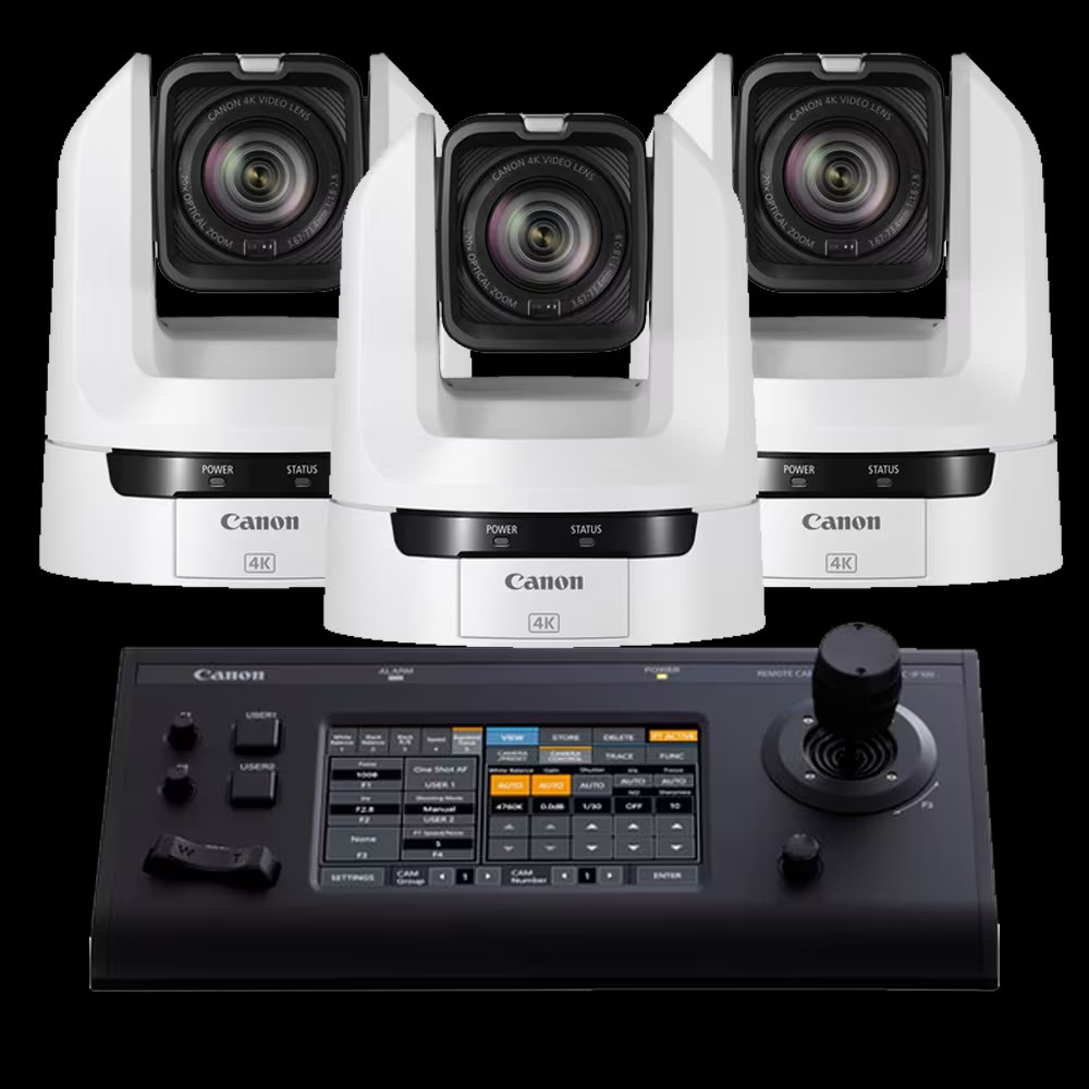 Canon 3x CR-N100 PTZ Cameras (WHITE) and 1x RC-IP100 Controller Bundle